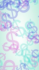 Fototapeta premium Multicolored translucent dollar signs on white background. Vertical image orientation. 3D illustration