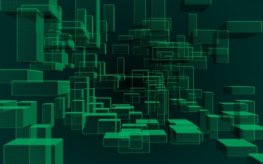 Green and dark abstract digital and technology background. The pattern with repeating rectangles. 3D illustration