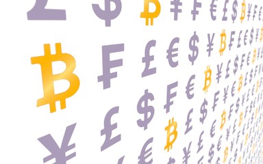 Bitcoin and currency on a white background. Digital Cryptocurrency symbol. Business concept. Market Display. 3D illustration