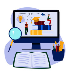 Online education flat background with big books and people. People read book. Vector illustration