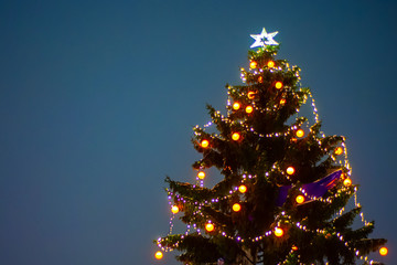 Illuminated christmas tree at night with falling snow and copy space