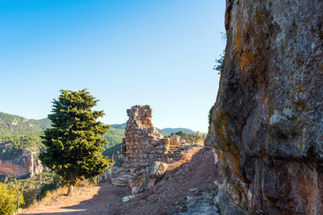 View of the ruins of the castle of Siuran, Tarragona, Catalunya, Spain. Copy space for text.
