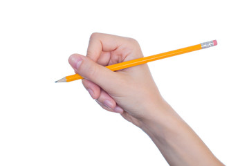 Side profile half turned close up studio photo of woman's hand holding pencil with eraser isolated on white background copyspace mockup