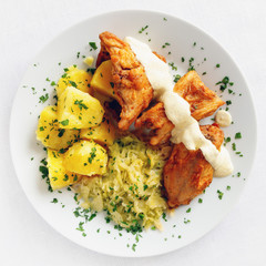 roasted rabbit chops under mustard based sauce with vegetables 