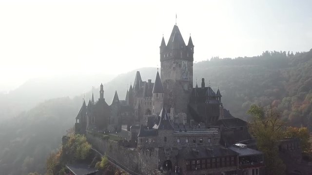 Cochem castle (Germany) and Mosel river aerial view.