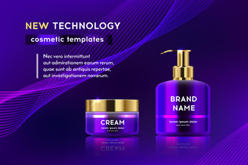 Cosmetic poster template, a beautiful realistic tubes for magazine design with abstract digital wave on a violet background
