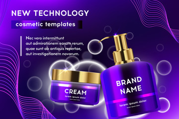 A beautiful cosmetic template for magazine design, 3d realistic tubes on a violet background with bokeh