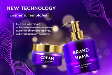 A beautiful cosmetic template for magazine design, 3d realistic tubes on a violet background with bokeh