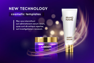 Cosmetic poster template, a beautiful realistic tubes for magazine design on a violet background with bokeh and lightning flare effect