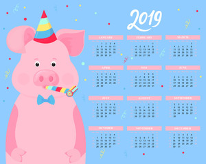 Calendar for 2019 from Sunday to Saturday. Cute pig in a striped party hats and horn blowers. Funny animal. The symbol of the Chinese New Year
