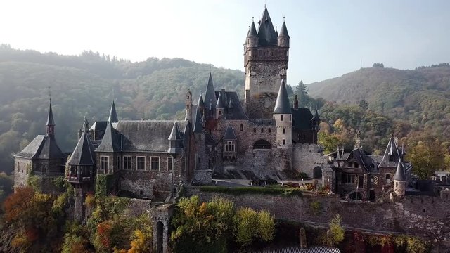 Cochem castle (Germany) and Mosel river aerial view.