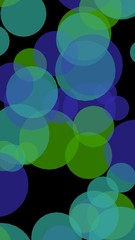 Multicolored translucent circles on a dark background. Vertical image orientation. 3D illustration