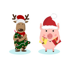 Merry Christmas greeting card with deer, piglet year pig. Cute animal holiday cartoon character