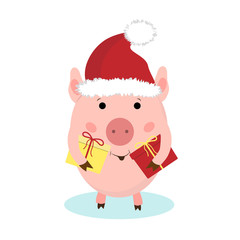 cartoon cute piggy with the gift, illustration isolated on white background.