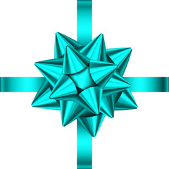 Blue  satin gift ribbon and bow isolated on white background.