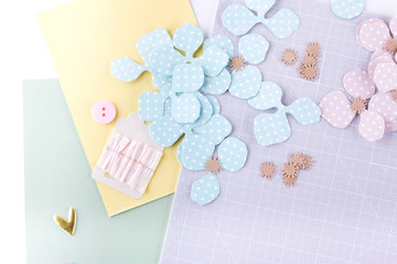Making diy project. Paper decoration. Craft tools and supplies for scrapbooking. Season home flower decor.