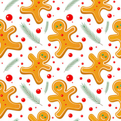 Fototapeta na wymiar Gingerbread man seamless pattern. Cute vector background for new year s day, Christmas, winter holiday, cooking, new year s eve, food. Cute Xmas background.