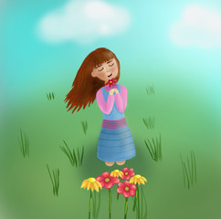 Fototapeta na wymiar Girl smelling flowers