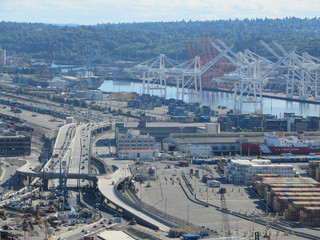 Aerial view of docks and highway , freeway