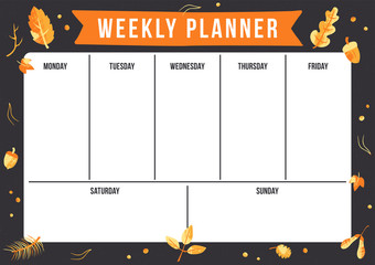 Autumn weekly planner with leaf, acorn and oak. Hand draw stamp vector illustration. Template for print, school and office.