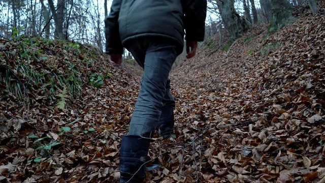 Man walking through forest of full autumn leaves - (4K)