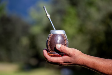 Man holding calabash yerba mate in nature. Travel and adventure concept. Latin American drink yerba...