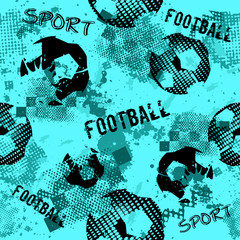 Abstract seamless football pattern for boys. Sport football pattern. Grunge sport urban backdrop with football ball. Sport wallpaper on black background with multicolor spots. Repeated pattern.