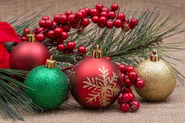 Winter holiday decoration: Blooming Holiday Red Poinsettia, Pine, Berry bush and Christmas tree balls on burlap background