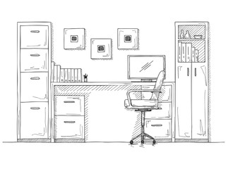Sketch the room. Office chair, desk, various objects on the table.