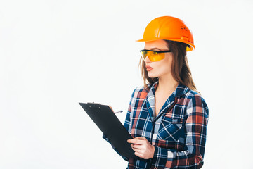 Serious attractive architect woman with hard hat - isolated on white background. Smart, clever, lovely stylish nice cute brunette girl in casual t-shirt with glasses, holding folder.