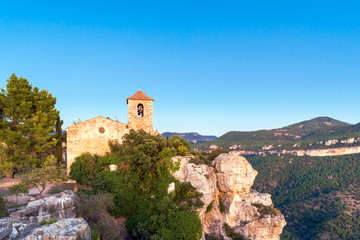 View of the Romanesque church of Santa Maria de Siurana, Tarragona, Catalunya, Spain. Copy space for text.