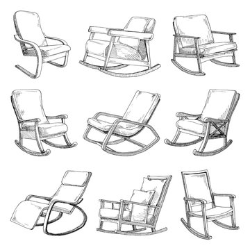 Set with rocking chairs isolated on white background. Sketch a comfortable chair.