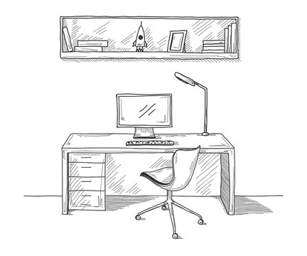 recommend clip art: Sketch the room. Office chair, desk, various objects on the tabl