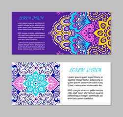Indian flyer set with bright colorful mehendi style ornament. Ethnic ornamental design. Oriental polygraphy concept. Eastern collection. EPS 10 vector. Clipping masks.