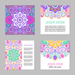 Indian style bright colorful mehendi ornament square cards. Front and back pages. Ornamental vertical blank with ethnic motifs. Paper brochure template. Oriental design concept. EPS 10 vector flyer.