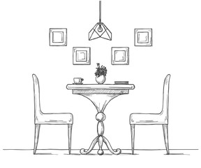 Part of the dining room. Round table and chairs. On the table vase of flowers. Hand drawn sketch.Vector illustration