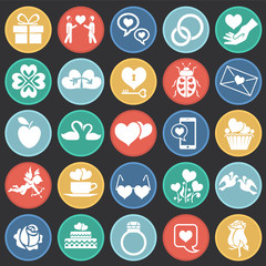 Valentines day set on color circles black background icons