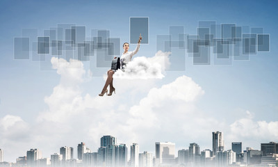 Elegant lady boss or accountant float on cloud and pointing with
