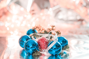 Blue Christmas balls on white background