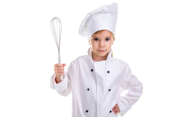 Girl chef white uniform isolated on white background. Holding the whisk in one hand and the other hand on the waist. Landscape image