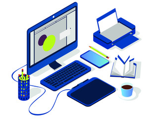 Vector isometric illustration of freelancer workspace. Desktop computer with graphic design software, graphics tablet with pen, papers, sketches, pencil. Freelance designer job 