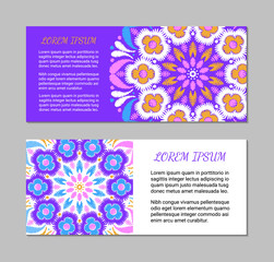 Embroidery style colorful mandala horizontal cards. Bright floral ornamental vintage blanks. EPS 10 ethnic design vector backgrounds. Clipping masks.