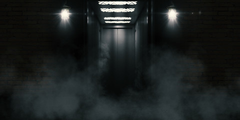 Background of empty brick wall and an open elevator door. Neon light, spotlight, smoke, smog