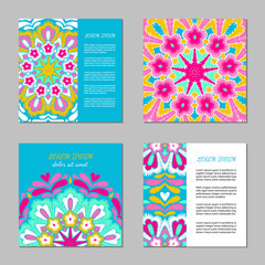 Embroidery style colorful mandala square card set. Bright floral ornamental vintage blanks. EPS 10 ethnic design vector backgrounds. Clipping masks.