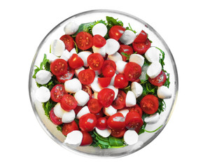 Caprese salad cherry tomatoes mozzarella balls fresh rocket. Home made. isolated on white background