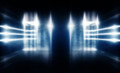 Background empty room with concrete floor, neon lights, reflection, smoke. Empty stage background, club with neon lights, brick walls