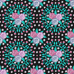 Embroidered style seamless pattern design. Needlework floral composition. Bright colorful summer flower bouquet motives. EPS 10 vector embroidery fashion background.