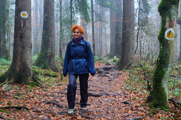 Hiker lady on a marked trail