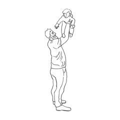 Father is playing with his baby boy. Family time vector illustration, concept of happy parenting and childhood. Line art style