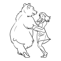 Pretty girl dancing with a smiling bear. 
